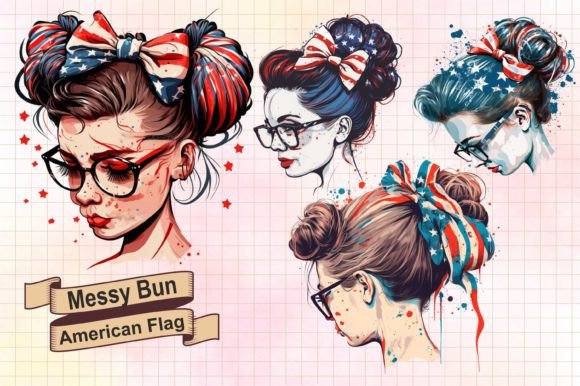 Messy Bun American Flag Bow Sublimation Graphics